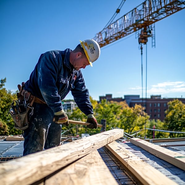 Een man die in de bouw aan het werk is met houten palen. Op de achtergrond zie je een hijskraan