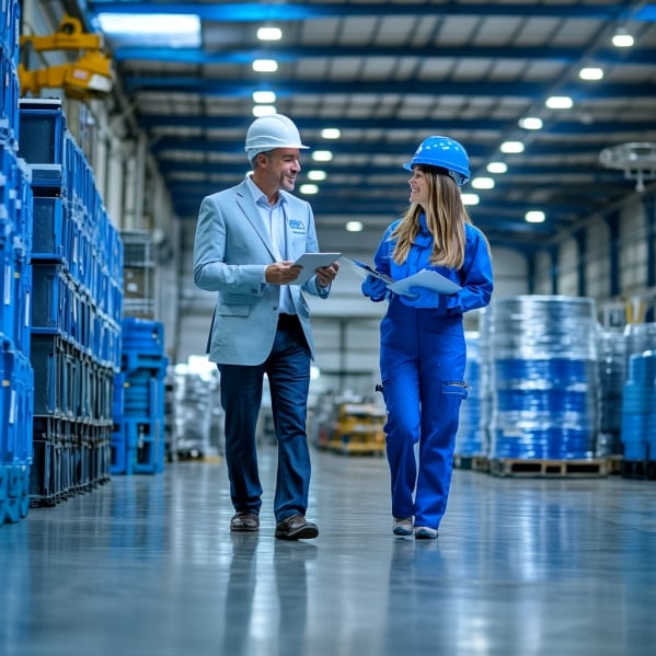 Twee personen, een man en een vrouw, zijn in gesprek. Ze lopen door een werkplaats en lachen naar elkaar. Ze hebben beiden een helm op voor de veiligheid. De man is in pak en de vrouw heeft productie werkkleding aan
