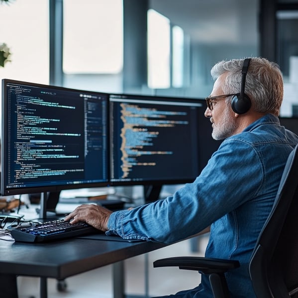 Een man die achter zijn computer zit met een koptelefoon op