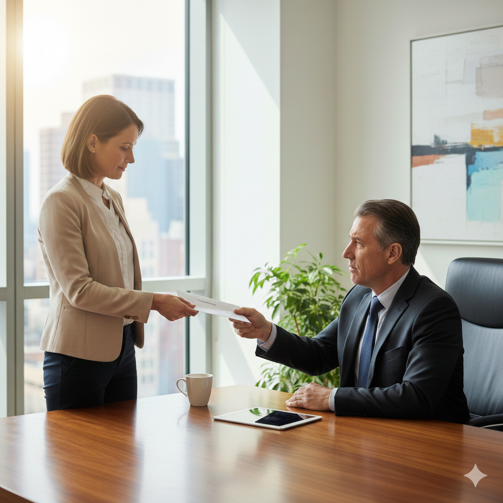een vrouw die ontslagen is en bij haar directeur langskomt